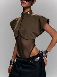 LYSMO Women's Casual Comfortable Brown Patchwork Tulle Bodysuit - Brown - View 6
