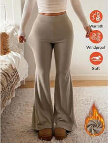 SHEIN EZwear 秋冬舒適休閒保暖內裡喇叭褲 - 摩卡棕 - 查看 1