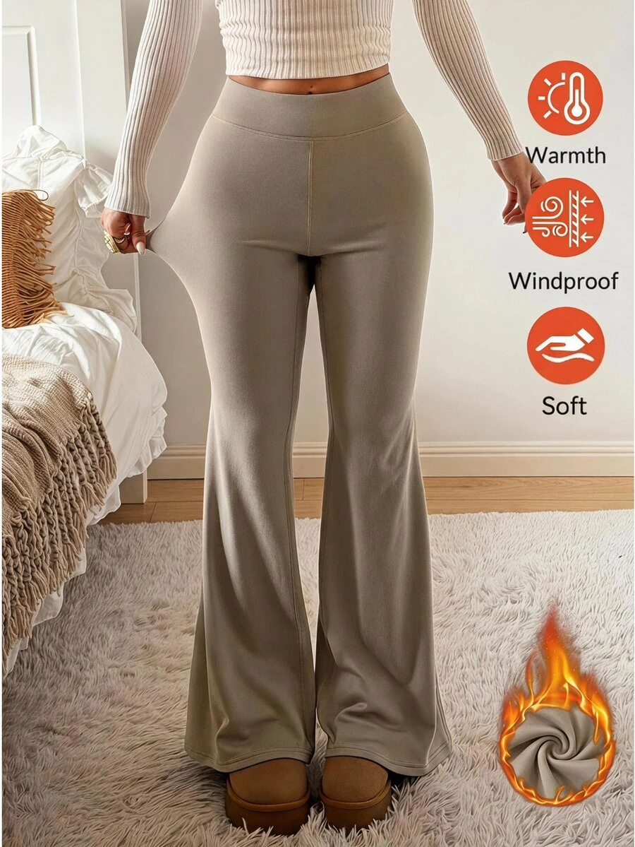 SHEIN EZwear 秋冬舒適休閒保暖內裡喇叭褲 - 摩卡棕 - 查看 1