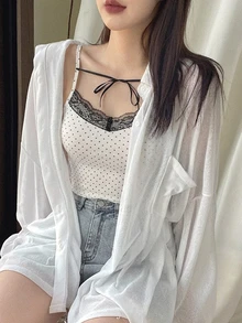 DAZY 女款蕾絲拼接波點印花扭結細肩帶背心上衣 - 黑色 - 查看 3