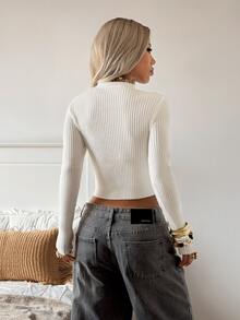 SHEIN EZwear Autumn/Winter Fitted Knit Top With Frog Buttons - White - View 2