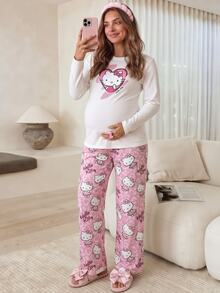 Slowluna Maternity Cartoon Print Long Sleeve Top And Adjustable Waist Long Pants Casual 2 Pieces Set - Multicolor - View 1