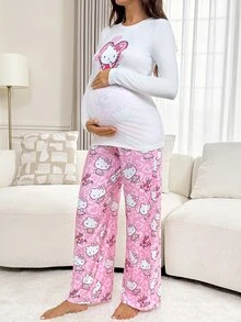 Slowluna Maternity Cartoon Print Long Sleeve Top And Adjustable Waist Long Pants Casual 2 Pieces Set - Multicolor - View 7