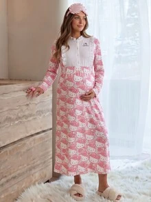 Slowluna HELLO KITTY AND FRIENDS | SHEIN فستان رضاعة للحوامل بطبعة كرتونية HelloKitty مع حافة مكشكشة وأكمام طويلة للخريف - متعدد الألوان - مشاهدة 1