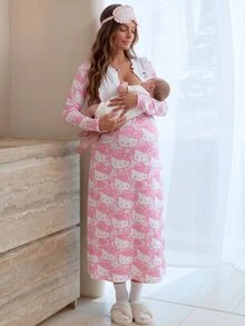 Slowluna HELLO KITTY AND FRIENDS | SHEIN فستان رضاعة للحوامل بطبعة كرتونية HelloKitty مع حافة مكشكشة وأكمام طويلة للخريف - متعدد الألوان - مشاهدة 2