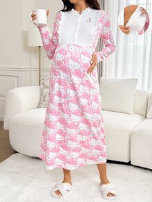 Slowluna HELLO KITTY AND FRIENDS | SHEIN فستان رضاعة للحوامل بطبعة كرتونية HelloKitty مع حافة مكشكشة وأكمام طويلة للخريف - متعدد الألوان - مشاهدة 4