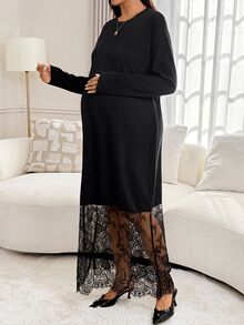 Slowluna Maternity Solid Color Round Neck Long Sleeve Lace Hem Elegant Dress - Black - View 4