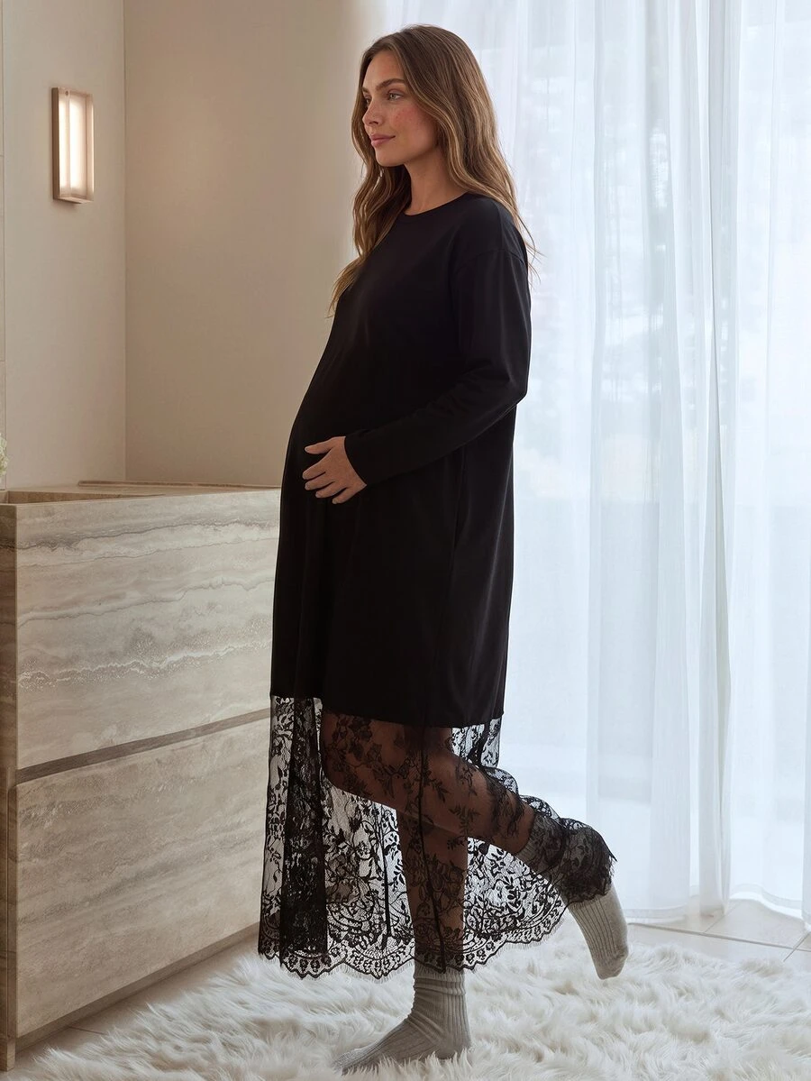 Slowluna Maternity Solid Color Round Neck Long Sleeve Lace Hem Elegant Dress - Black - View 1