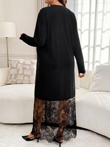 Slowluna Maternity Solid Color Round Neck Long Sleeve Lace Hem Elegant Dress - Black - View 9