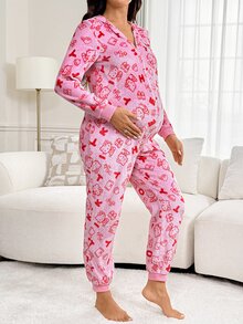 Slowluna Maternity Zipper Cartoon Embroidered Long Sleeve Hooded Jumpsuit - Multicolor - View 5