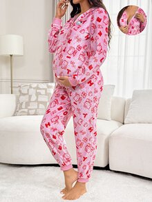 Slowluna Maternity Zipper Cartoon Embroidered Long Sleeve Hooded Jumpsuit - Multicolor - View 3