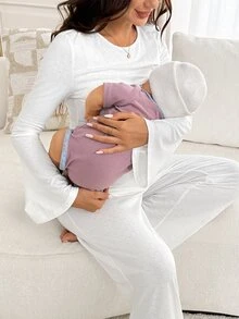 Slowluna 孕婦純色圓領喇叭袖T恤與可調腰長褲哺乳兩件套 - 白色 - 查看 5