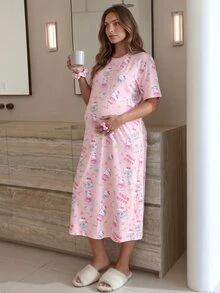 Slowluna Maternity Letter Cartoon Print Round Neck Short Sleeve Casual Dress - Multicolor - View 2