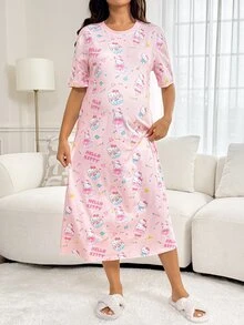 Slowluna Maternity Letter Cartoon Print Round Neck Short Sleeve Casual Dress - Multicolor - View 7