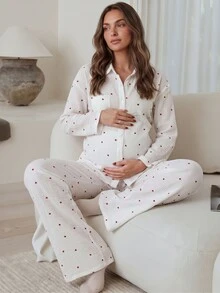 Slowluna 孕婦心形圖案長袖單排扣上衣與可調腰長褲休閒兩件套秋季 - 彩色 - 查看 1