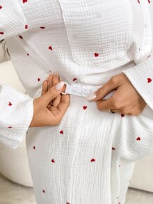 Slowluna 孕婦心形圖案長袖單排扣上衣與可調腰長褲休閒兩件套秋季 - 彩色 - 查看 8