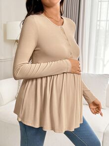 Slowluna 孕婦純色鈕扣半開襟長袖哺乳上衣 秋季 - 卡其色 - 查看 9