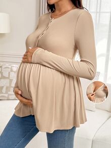 Slowluna 孕婦純色鈕扣半開襟長袖哺乳上衣 秋季 - 卡其色 - 查看 3