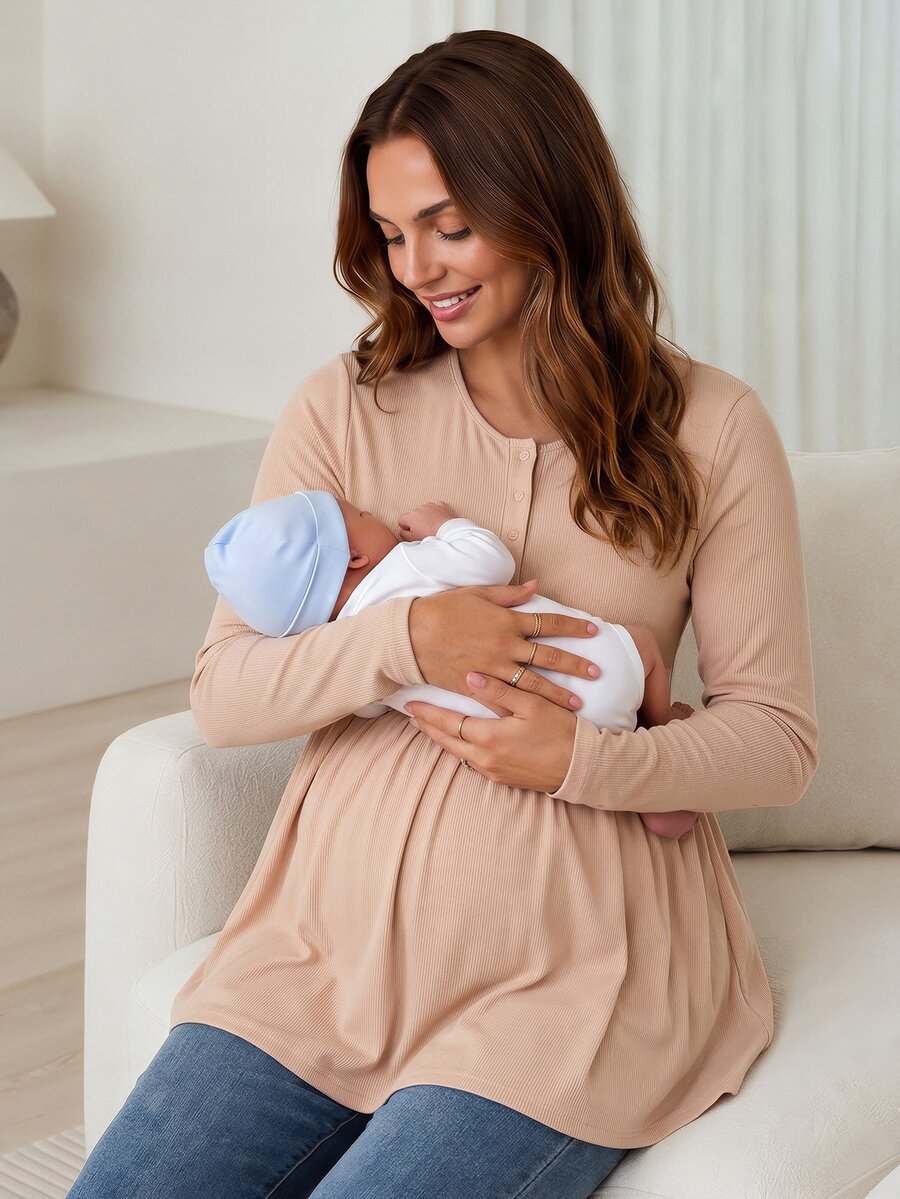 Slowluna 孕婦純色鈕扣半開襟長袖哺乳上衣 秋季 - 卡其色 - 查看 1