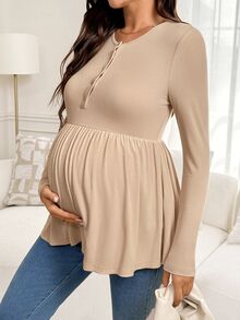 Slowluna 孕婦純色鈕扣半開襟長袖哺乳上衣 秋季 - 卡其色 - 查看 4