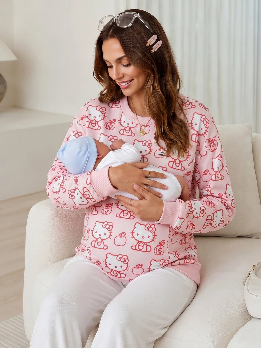 Slowluna Maternity Cartoon Print Crew Neck Drop Shoulder Long Sleeve Casual Sweatshirt - Multicolor - View 1