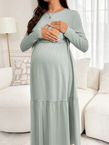 Slowluna Maternity Solid Color Nursing Function Casual Daily Summer Dress - Green - View 5
