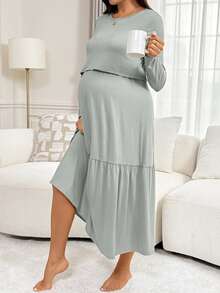 Slowluna Maternity Solid Color Nursing Function Casual Daily Summer Dress - Green - View 7