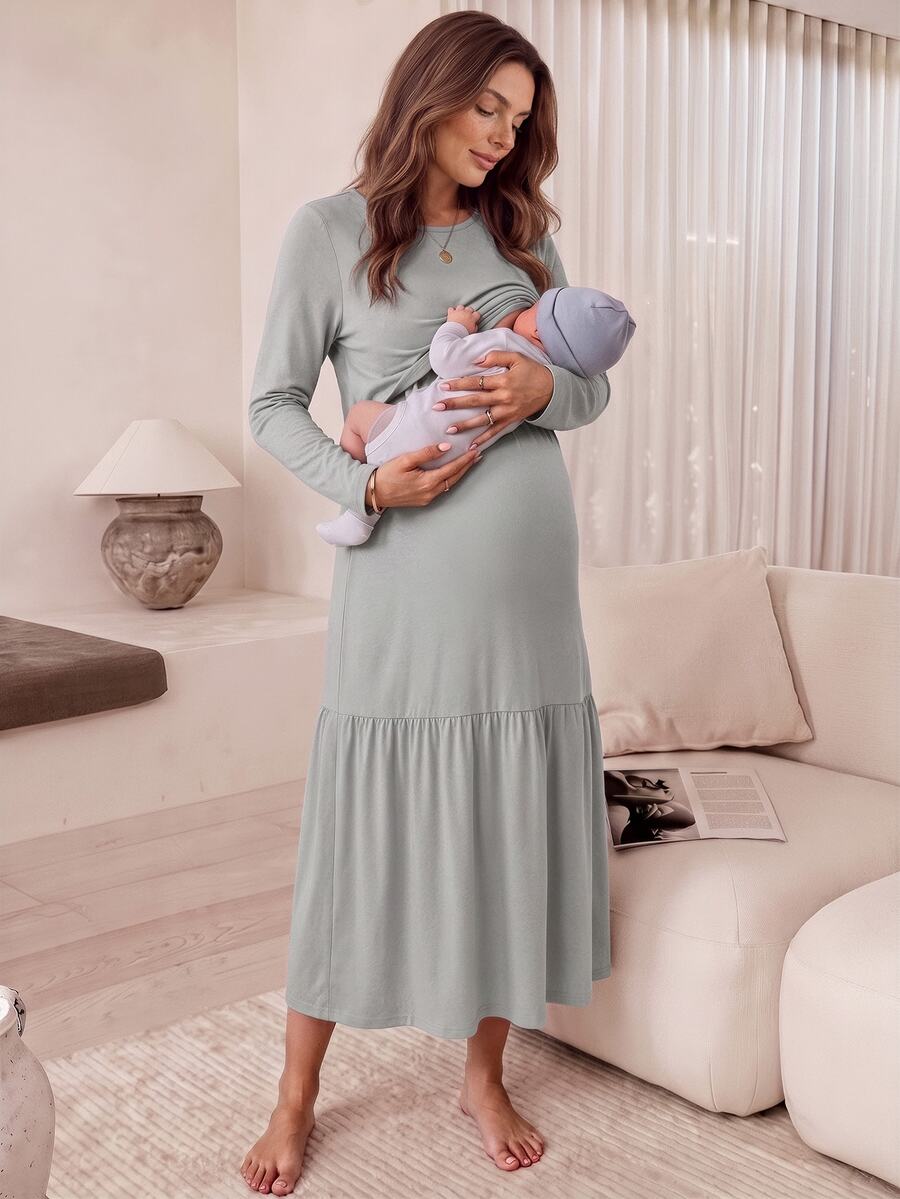 Slowluna Maternity Solid Color Nursing Function Casual Daily Summer Dress - Green - View 1