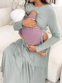 Slowluna Maternity Solid Color Nursing Function Casual Daily Summer Dress - Green - View 4