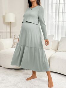Slowluna Maternity Solid Color Nursing Function Casual Daily Summer Dress - Green - View 9