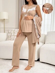 Slowluna 孕婦蕾絲拼接哺乳上衣、可調腰圍長褲與晨袍套裝 - 卡其色 - 查看 3
