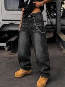 GETOML Men's Clothes ,Rapper Athleisure Grunge Washed Straight Loose Wide-Leg Casual Jeans,Back To School Suitable For All Seasons,Y2K,Streetwear - Black - View 10
