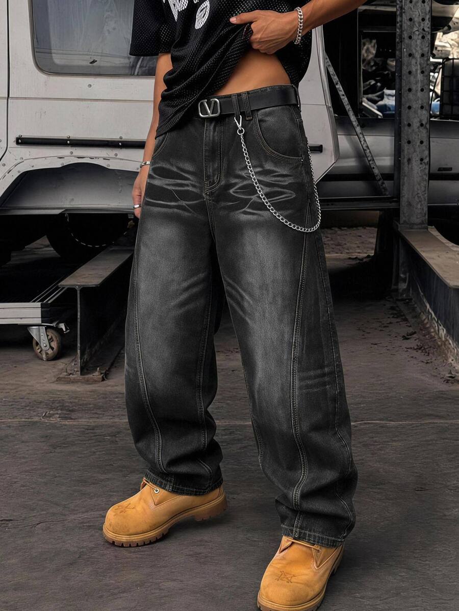 GETOML Men's Clothes ,Rapper Athleisure Grunge Washed Straight Loose Wide-Leg Casual Jeans,Back To School Suitable For All Seasons,Y2K,Streetwear - Black - View 1