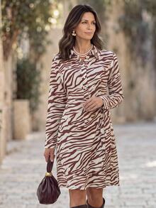 Hansera Zebra Print Long Sleeve Fitted Slim Midi Dress For Women - Multicolor - View 1