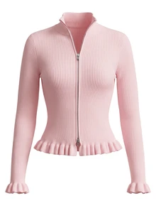 LUMIGAL Cardigan Wanita Kerah Tegak Semi-Tinggi Resleting Logam Dua Arah di Bagian Bawah, Hiasan Rumbai, Manset Melebar, Potongan Ramping, Elegan, Cocok untuk Kencan Malam, Warna Pink Lembut, Musim Gugur - Berwarna merah muda - View 5
