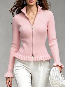 LUMIGAL Cardigan Wanita Kerah Tegak Semi-Tinggi Resleting Logam Dua Arah di Bagian Bawah, Hiasan Rumbai, Manset Melebar, Potongan Ramping, Elegan, Cocok untuk Kencan Malam, Warna Pink Lembut, Musim Gugur - Berwarna merah muda - View 3