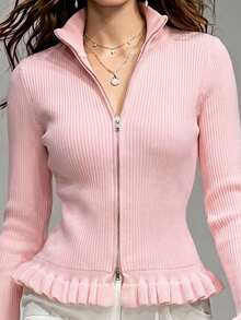 LUMIGAL Cardigan Wanita Kerah Tegak Semi-Tinggi Resleting Logam Dua Arah di Bagian Bawah, Hiasan Rumbai, Manset Melebar, Potongan Ramping, Elegan, Cocok untuk Kencan Malam, Warna Pink Lembut, Musim Gugur - Berwarna merah muda - View 6