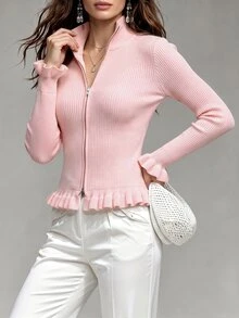LUMIGAL Cardigan Wanita Kerah Tegak Semi-Tinggi Resleting Logam Dua Arah di Bagian Bawah, Hiasan Rumbai, Manset Melebar, Potongan Ramping, Elegan, Cocok untuk Kencan Malam, Warna Pink Lembut, Musim Gugur - Berwarna merah muda - View 1