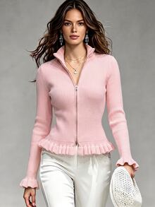 LUMIGAL Cardigan Wanita Kerah Tegak Semi-Tinggi Resleting Logam Dua Arah di Bagian Bawah, Hiasan Rumbai, Manset Melebar, Potongan Ramping, Elegan, Cocok untuk Kencan Malam, Warna Pink Lembut, Musim Gugur - Berwarna merah muda - View 4