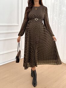 SHEIN 孕婦溫柔法式波點印花長袖洋裝 秋季 - 棕色 - 查看 3