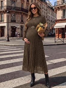 SHEIN 孕婦溫柔法式波點印花長袖洋裝 秋季 - 棕色 - 查看 2