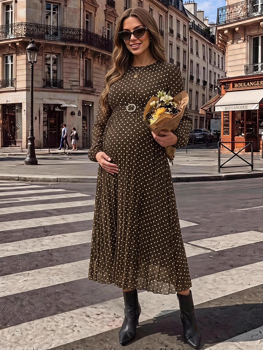 SHEIN Maternity Gentle French Polka Dot Print Long Sleeve Dress Fall - Brown - View 1