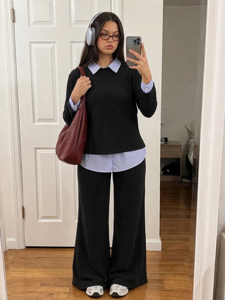 Comfortcana Autumn/Winter Casual Traditional Black Striped Shirt Fabric Patchwork Sweatshirt Pullover Loose Pants Set Navy Plus Size 2 Pieces Teacher - Black - View 7