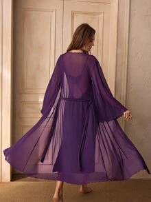 Charlaine Slim Fit Cami Dress + Sheer Lace-Up Robe, Premium Quality Butterfly Back Design 3-Piece Pajama Set - Purple - View 3