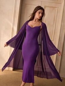 Charlaine Slim Fit Cami Dress + Sheer Lace-Up Robe, Premium Quality Butterfly Back Design 3-Piece Pajama Set - Purple - View 4