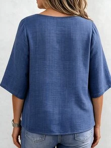 Linhara CURVE Plus Size Women's New Casual Denim Effect Print Round Neck Tie Short Sleeve Blouse Top Fall - Blue - View 4