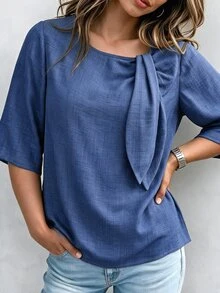 Linhara CURVE Plus Size Women's New Casual Denim Effect Print Round Neck Tie Short Sleeve Blouse Top Fall - Blue - View 2