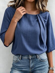 Linhara CURVE Plus Size Women's New Casual Denim Effect Print Round Neck Tie Short Sleeve Blouse Top Fall - Blue - View 3