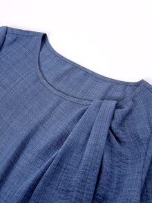 Linhara CURVE Plus Size Women's New Casual Denim Effect Print Round Neck Tie Short Sleeve Blouse Top Fall - Blue - View 6