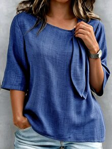 Linhara CURVE Plus Size Women's New Casual Denim Effect Print Round Neck Tie Short Sleeve Blouse Top Fall - Blue - View 10